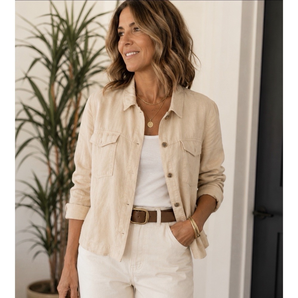 Rachel Zoe Linen Shirt Jacket L Ivory Lightweight Beachy Boho Coastal Button Up